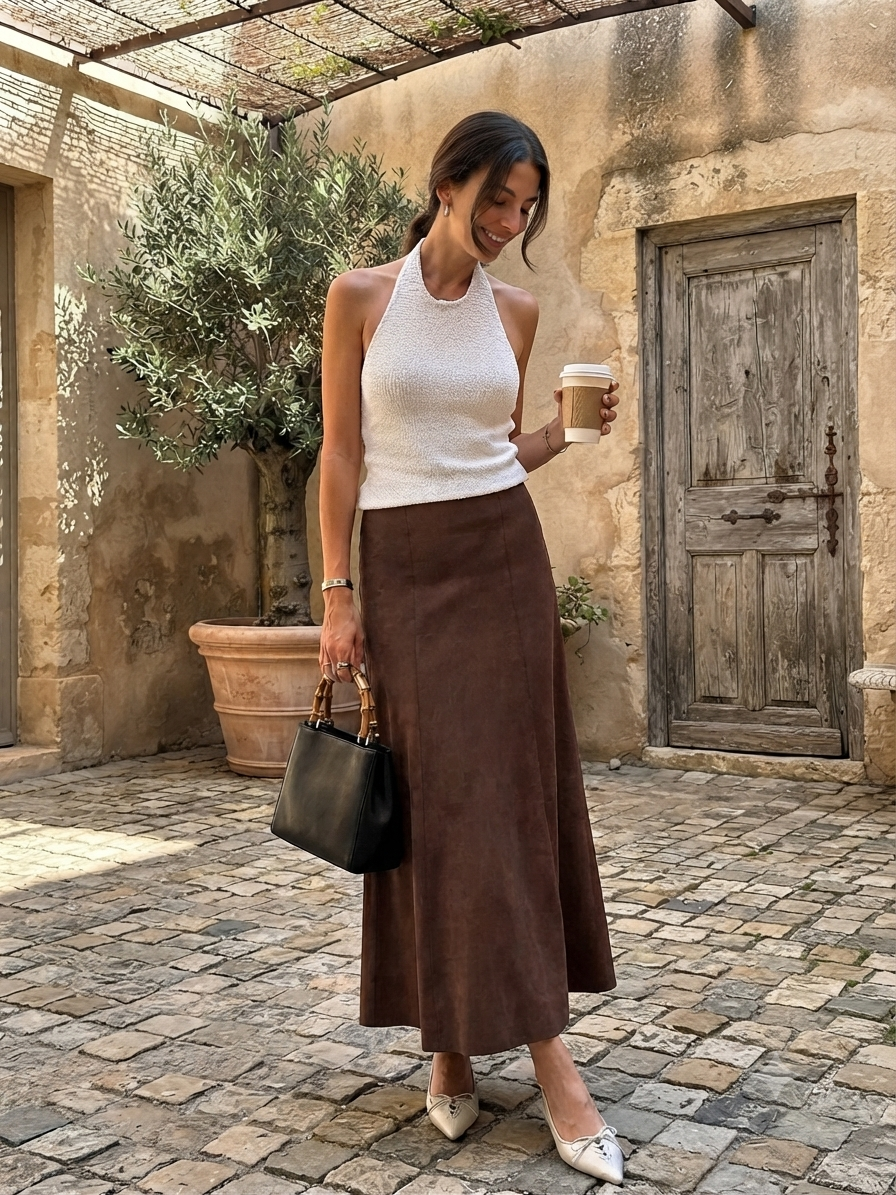 Chocolate Suede Midi Skirt