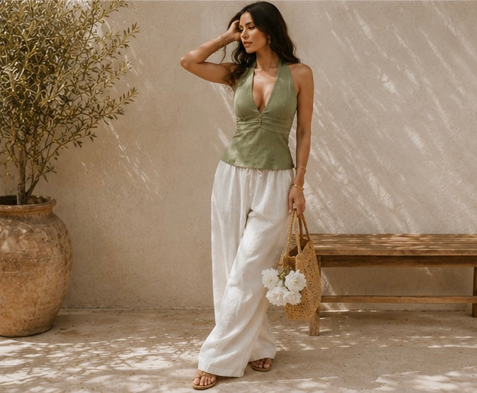 Moss Green Halter Neck Buckle Tank
