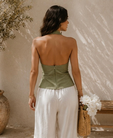 Moss Green Halter Neck Buckle Tank